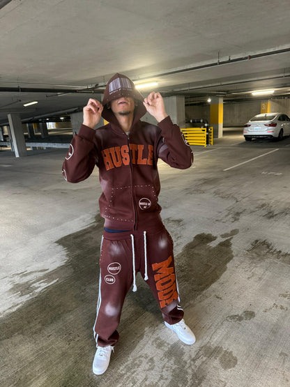 Hustle "No Quit" Brown Studded Hoodie & Joggers Set